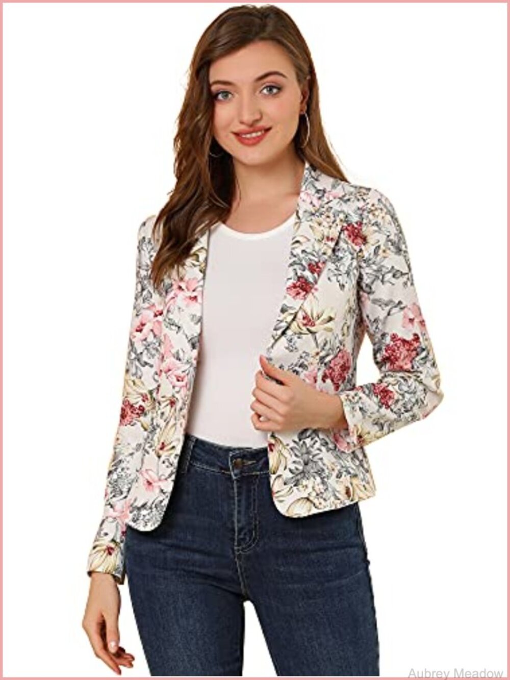 Women's Cropped Blazer - Floral Print Notched Lapel Open Front Suit Jacket -